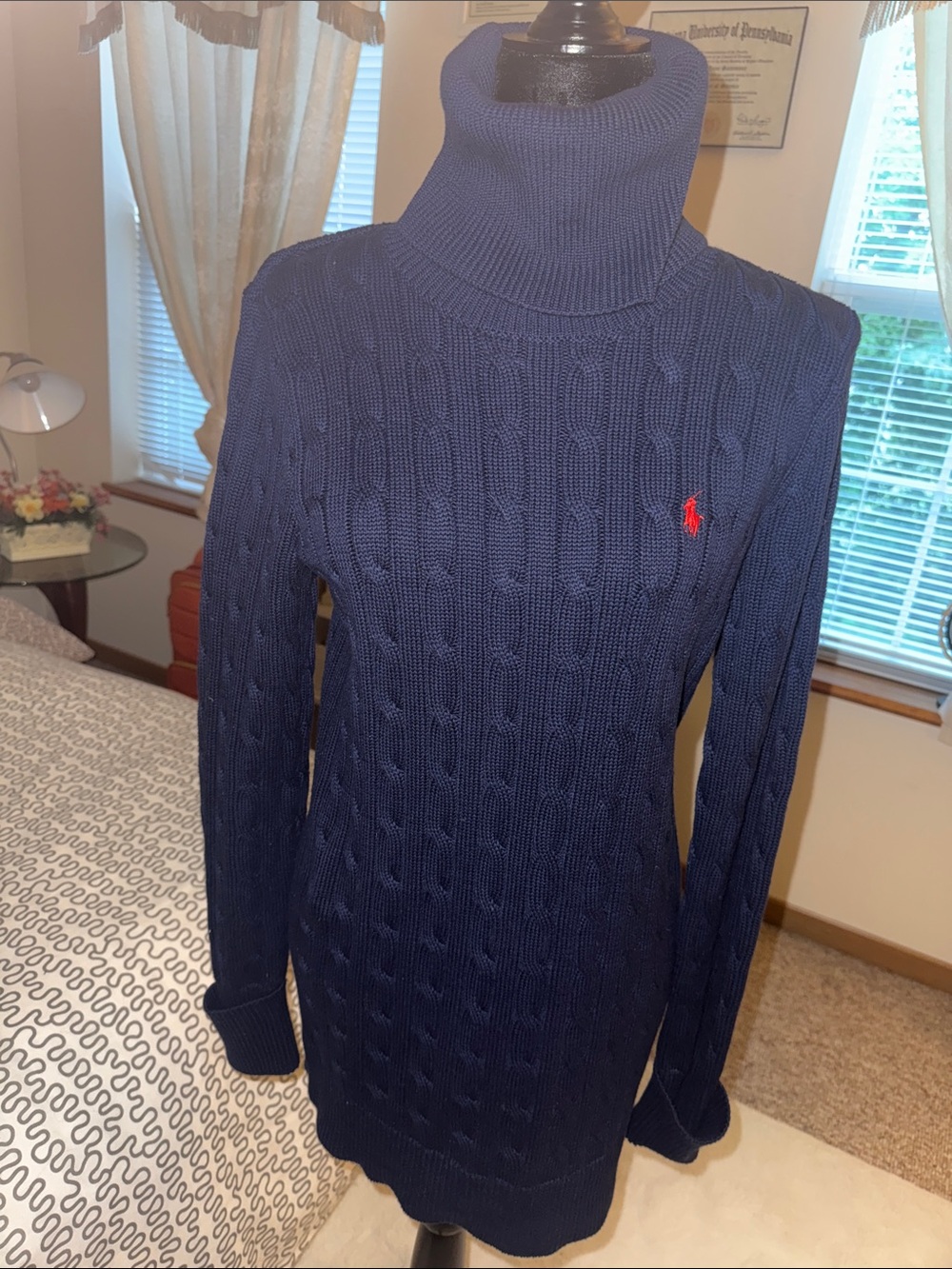 Ralph Lauren Navy Cable-Knit Turtleneck with Red Polo Logo